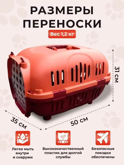 Переноска пластиковая Petmode Safari 50х35х31 см с пластиковой дверцей, оранжевая
