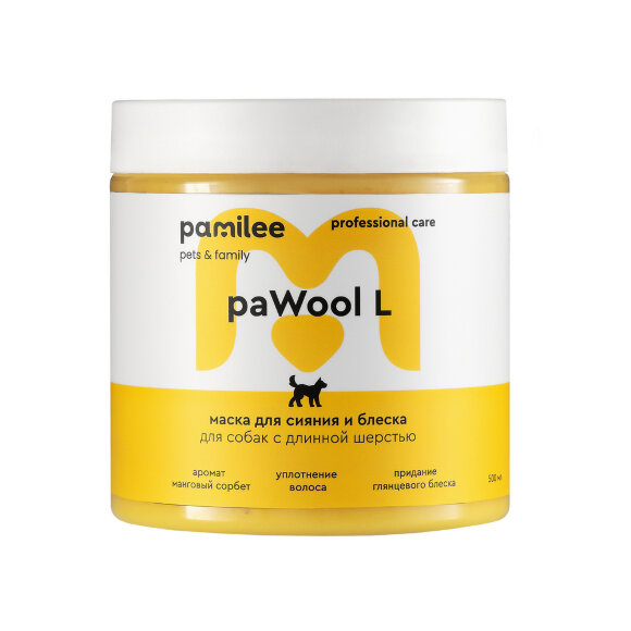 Маска Pamilee paWool Манговый сорбет для сияния и блеска для длинношестных собак, 500 мл Маска Pamilee paWool Манговый сорбет для сияния и блеска для длинношестных собак, 500 мл