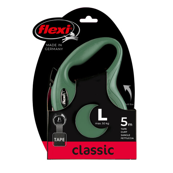 Поводок-рулетка для собак Flexi New Classic L 50 кг 5 м ремень, оливковый Поводок-рулетка для собак Flexi New Classic L 50 кг 5 м ремень, оливковый