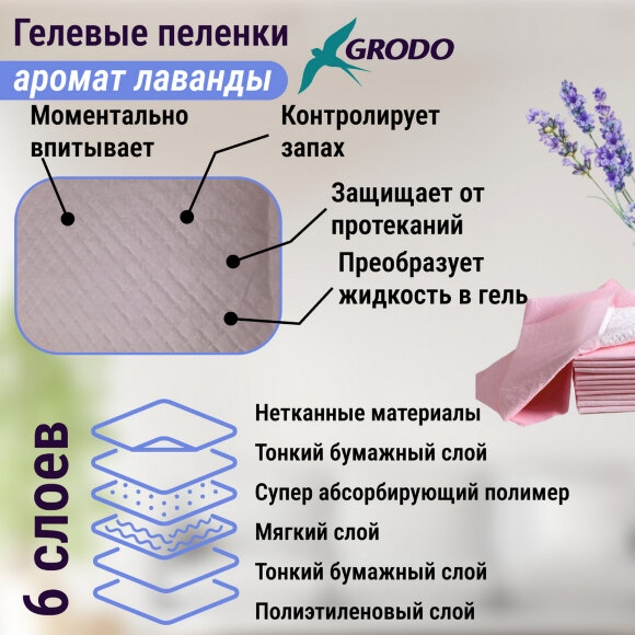 Гелевые пеленки GRODO для собак 60х45 см с ароматом лаванды, 10 шт. Гелевые пеленки GRODO для собак 60х45 см с ароматом лаванды, 10 шт.