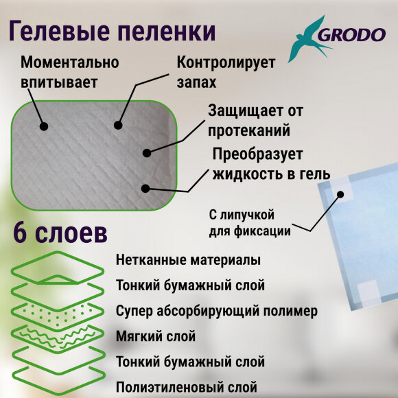 Гелевые пеленки GRODO для собак 60х60 см на липучках, 10 шт.